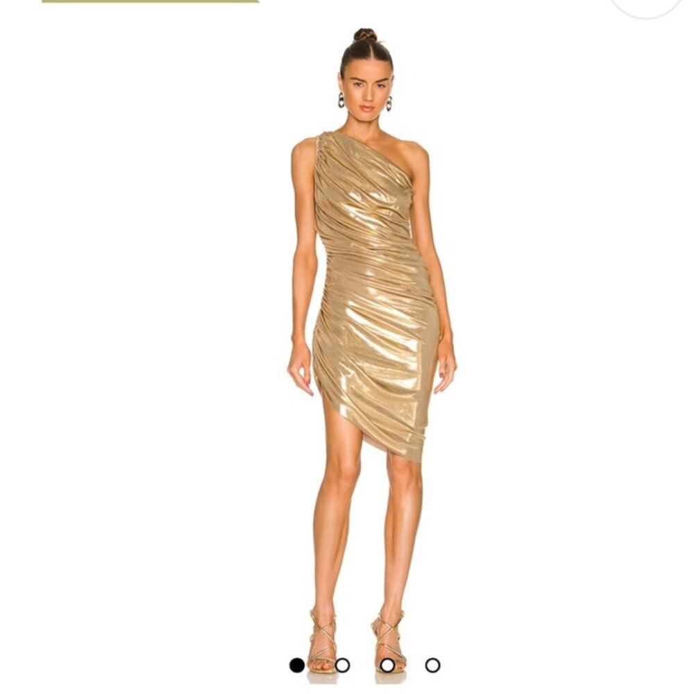 Norma Kamali Diana Mini Dress Pleated Metallic One Shoulder Gold Size XXS NWOT